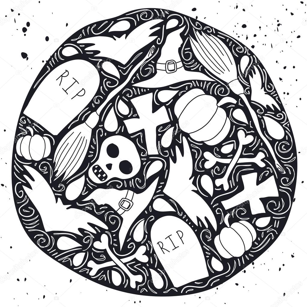 Halloween poster with white silhouettes of traditional elements on a black decorative circle background. Hand drawn ornate illustration on a messy grungy white backdrop