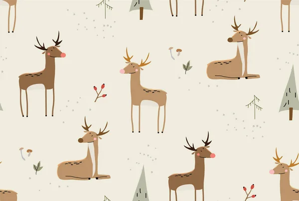 Seamless Vector Seasonal Pattern Funny Deers Forest Suitable Printing Covers — Stock Vector