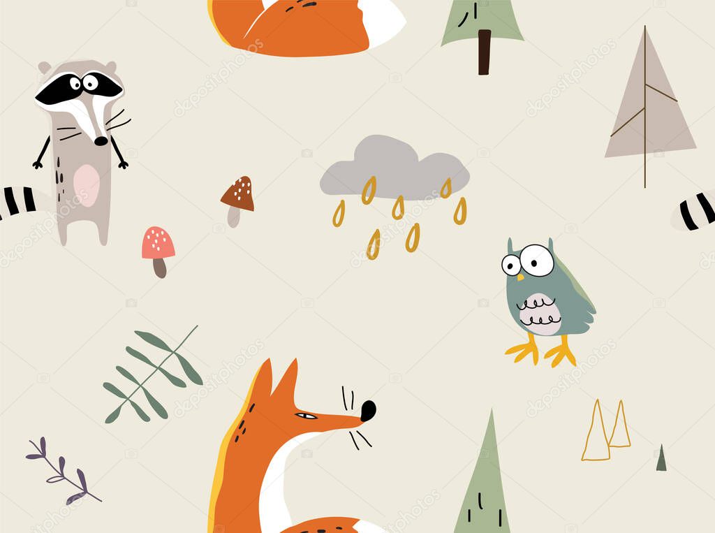 Seamless vector seasonal pattern with funny animals in the forest. Suitable for printing covers, backgrounds, wallpapers, wrapping paper, textiles, apparel.