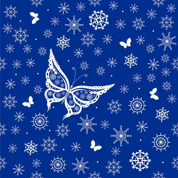 Mariposas decorativas y copos de nieve — Vector de stock