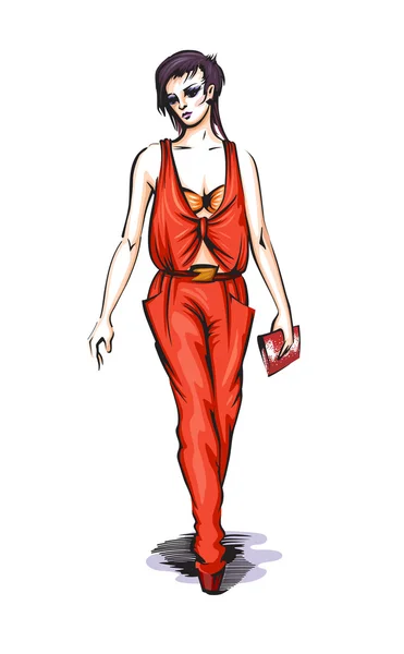 Mujer con el mono rojo — Vector de stock