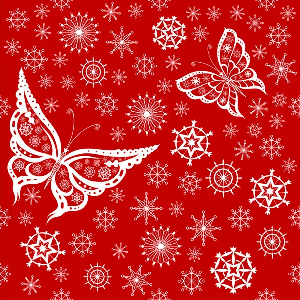 Mariposas decorativas y copos de nieve — Vector de stock