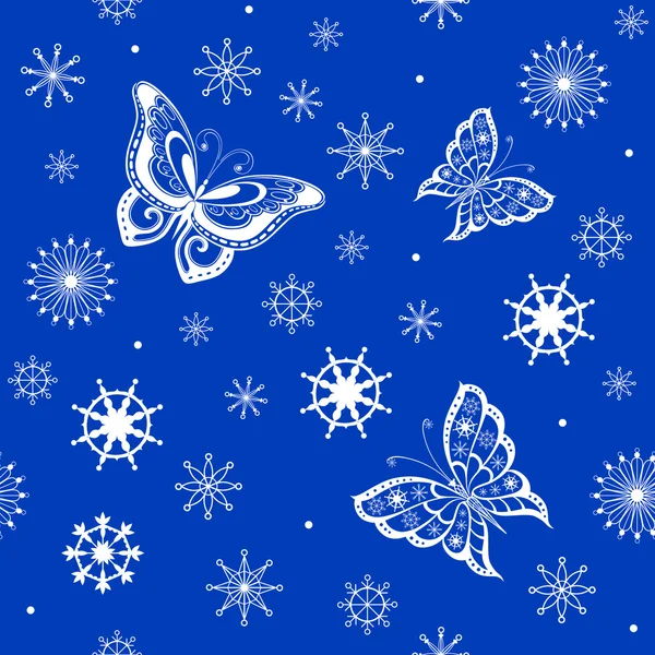 Mariposas decorativas y copos de nieve — Vector de stock