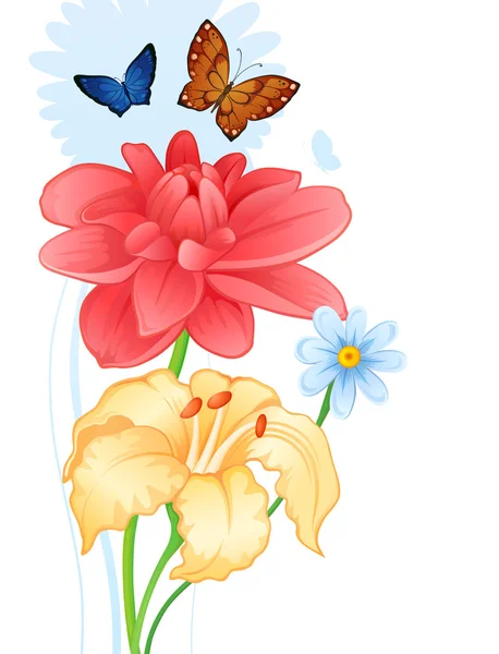 Tarjeta de felicitación con coloridas mariposas y flores — Vector de stock