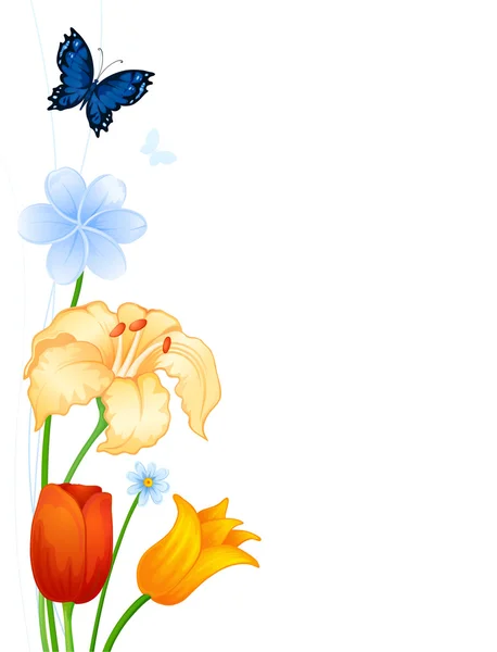 Grußkarte mit bunten Schmetterlingen und Blumen — Stockvektor