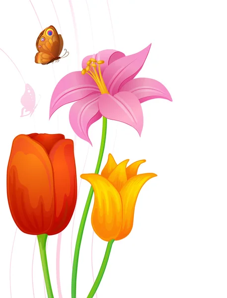 Gratulationskort med färgglada fjärilar och blommor — Stock vektor