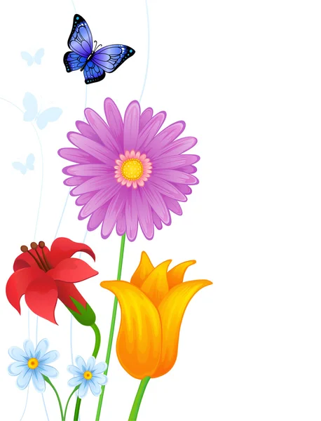Tarjeta de felicitación con coloridas mariposas y flores — Vector de stock