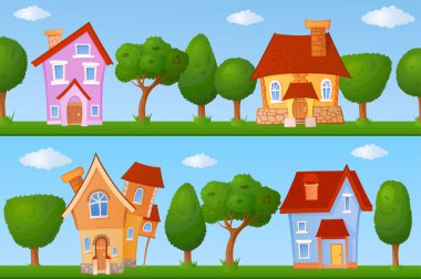 Summer streets with houses and trees vector