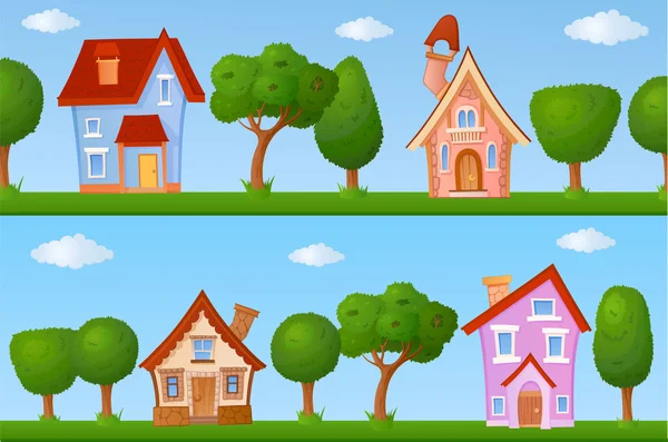 Calles de verano con casas y árboles — Vector de stock