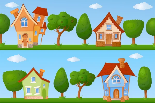 Calles de verano con casas y árboles — Vector de stock