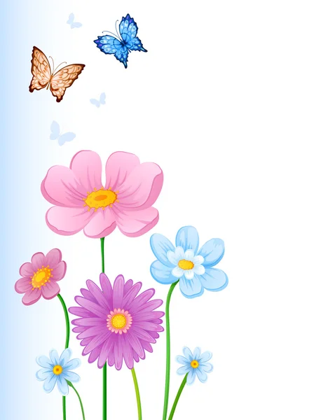 Tarjeta con coloridas mariposas y flores — Vector de stock