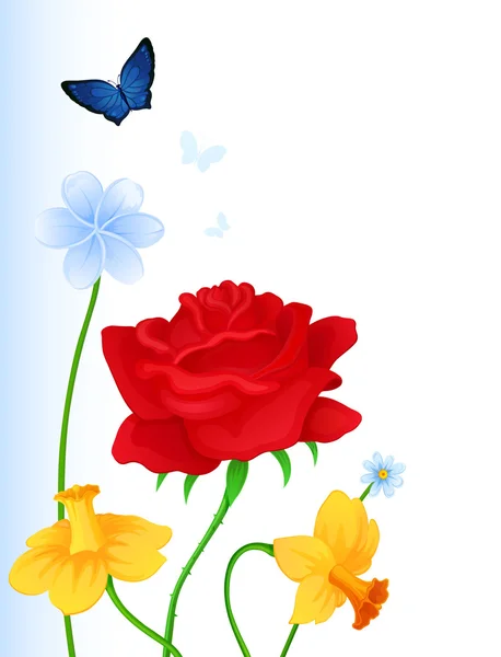 Κάρτα με πολύχρωμο πεταλούδα και τα λουλούδια — Διανυσματικό Αρχείο