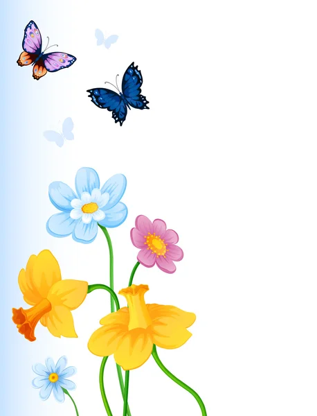 Tarjeta con coloridas mariposas y flores — Vector de stock