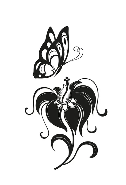 Silueta dekorativní motýl a květina — Stockový vektor