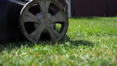 Güçlü bir elektrikli çim biçme makinesiyle çimen saç kesimi. 