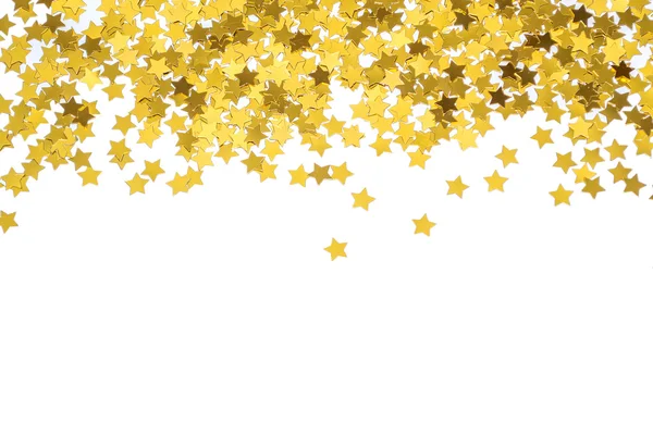 Fóliázott arany csillag. Keret a csillagok. Szétszórt csillagok határ. Természetes fóliázott textúra. — Stock Fotó