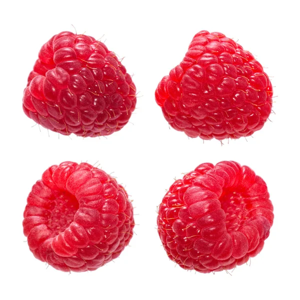 Set Frische Reife Himbeeren Isoliert Auf Weißem Hintergrund Makroschuss Beeren — Stockfoto