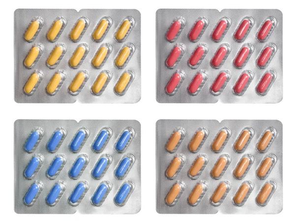 Zestaw Wielobarwnych Tabletek Izolowanych Białym Tle — Zdjęcie stockowe