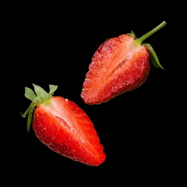 Two Half Fresh Ripe Strawberry Isolated Black Background — Stock Photo, Image