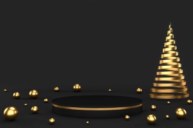 Üç boyutlu siyah kaide ve altın toplar ve soyut Noel ağacı. Lüks minimalist model.