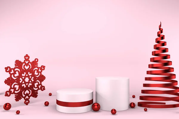 Renderizado Pedestal Rosa Copo Nieve Rojo Dorado Bolas Árbol Navidad — Foto de Stock