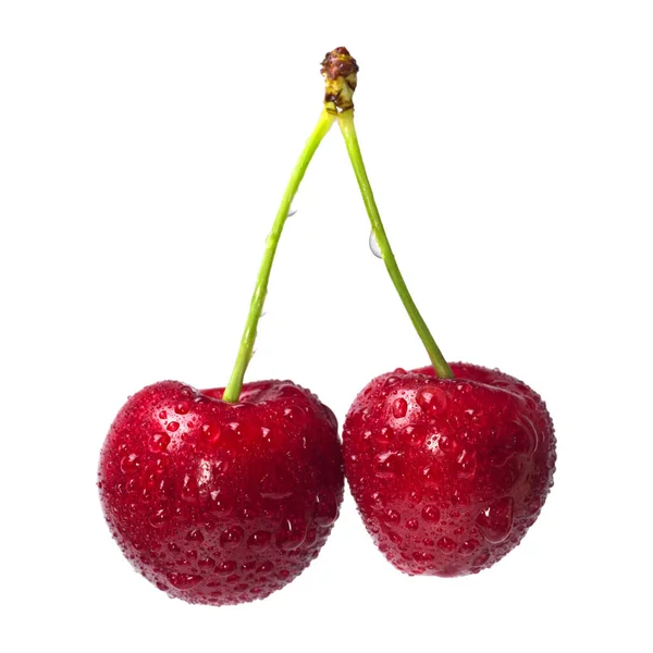 Ripe Fresh Cherry Drops Water Isolated White Background — Stock Photo, Image