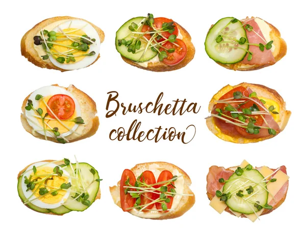 Collection Different Bruschettes Isolated White Background Sauce Baguette Bacon Egg — Fotografia de Stock