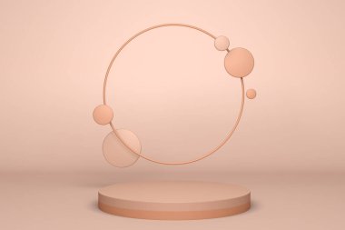 Podyumlu bej, soyut, minimal sahne. 3 boyutlu geometrik şekil oluşturma. Kozmetik ürün için arka plan