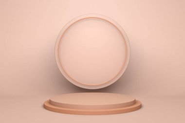 Podyumlu bej, soyut, minimal sahne. 3 boyutlu geometrik şekil oluşturma. Kozmetik ürün için arka plan