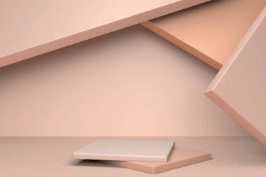Podyumlu bej, soyut, minimal sahne. 3 boyutlu geometrik şekil oluşturma. Kozmetik ürün için arka plan