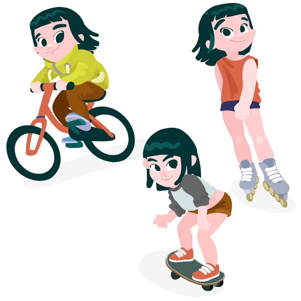 Niña en bicicleta, patinaje, skate — Vector de stock