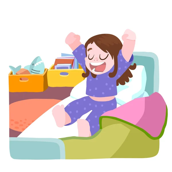 Little girl woke up and stretching in bed - Stock Illustration. 