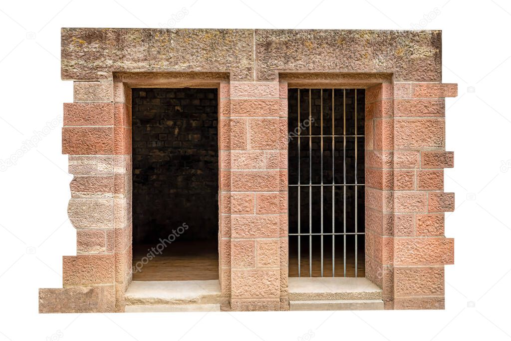Double exit with lattice to the battle arena of Roman gladiators made of sandstone on a white background.
