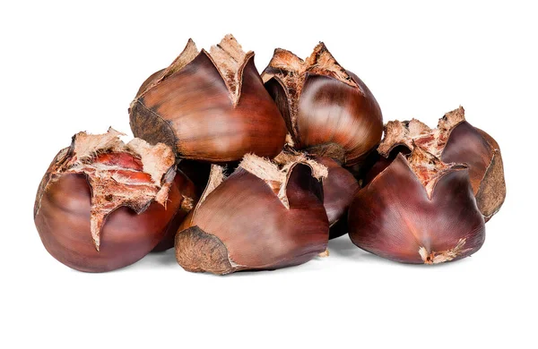 Some Roasted Chestnuts Castanea Sativa Shell Isolated White Background — Stock Photo, Image