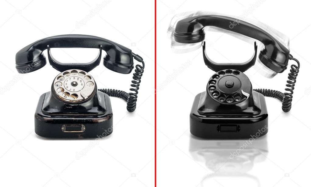 Telephone with rotary dial and curled cord
