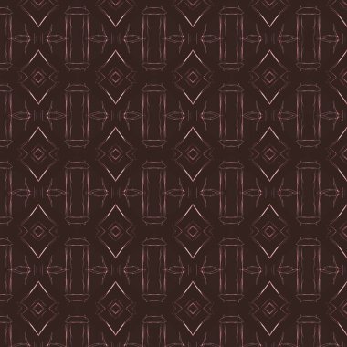 Resmedilmiş koyu kahverengi yatay elementler, soyut süsleme deseni, beyaz geometrik kesişim elması ve dikdörtgen deseni kumaş, duvar kağıdı, iç tasarım 3D illüstrasyon 