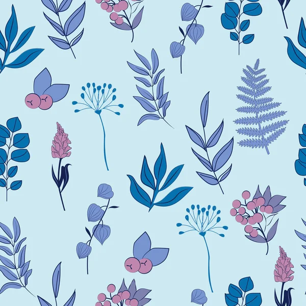 Płynny Wzór Roślin Liści Jagód Kwiatów Kolorze Niebieskim Edytowalna Ilustracja — Wektor stockowy