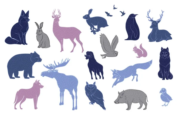 Sbírka Lesních Zvířat Severský Skandinávský Styl Upravitelná Vektorová Ilustrace — Stockový vektor