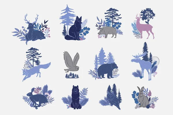 Sbírka Lesních Zvířat Rostlin Severský Skandinávský Styl Upravitelná Vektorová Ilustrace — Stockový vektor