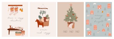 Mutlu Noeller ya da mutlu yıllar. İskandinav tarzında tatil öğeleri içeren şirin tebrik kartları. Şirin kızlık zarı elementleri. Düzenlenebilir Vektör illüstrasyonu