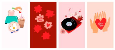 Sosyal medya, mobil uygulama ve iletişim için Sevimli Sevgililer Günü unsurları olan romantik karikatür seti. Tebrik kartına bayılıyorum. Düzenlenebilir Vektör illüstrasyonu.