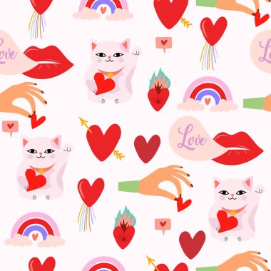 Sevgililer Günü, İskandinav tarzında romantik resimli ve elementli kusursuz bir desen. Ambalaj kağıdı, tekstil ve koleksiyon defteri için mükemmel. Düzenlenebilir vektör illüstrasyonu.