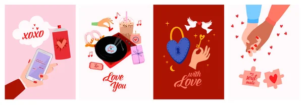 Set Romantic Cartoon Illustration Cute Lovely Scandinavian Elements Valentines Day — 스톡 벡터