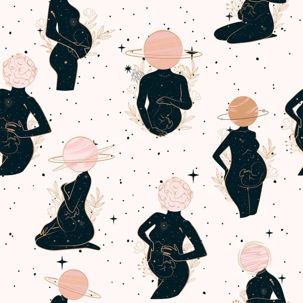 妊娠中の女性とのシームレスなパターン 赤ちゃん 宇宙オブジェクト 編集可能なベクトル図 — ストックベクタ