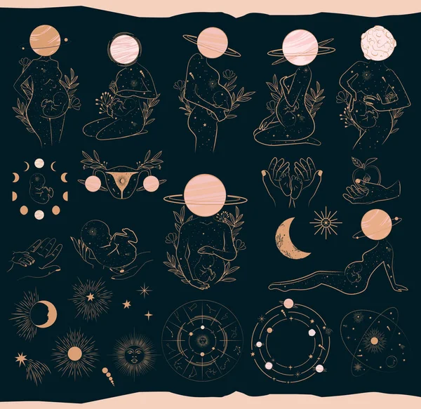 Kolekce Tajemných Astrologických Objektů Těhotné Ženy Dítě Vesmírné Objekty Planeta — Stockový vektor