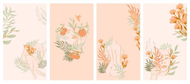 Sosyal medya, iniş sayfası, kadın portreleri, vücutlar, çiçekler, yaprak, bitkiler ve hayvanlarla mobil uygulamalar için dikey arka plan koleksiyonu. Düzenlenebilir vektör illüstrasyonu.