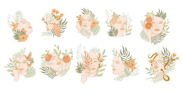 Collection Beaux Portraits Femmes Avec Des Plantes Des Fleurs Dans — Image vectorielle