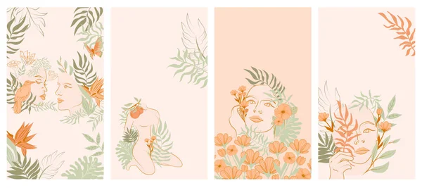 Sosyal Medya Iniş Sayfası Kadın Portreleri Vücutlar Çiçekler Yaprak Bitkiler — Stok Vektör