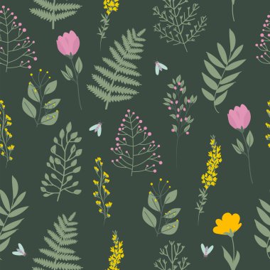 Çiçekler ve bitkilerle kusursuz bir desen. Düzenlenebilir vektör illüstrasyonu.