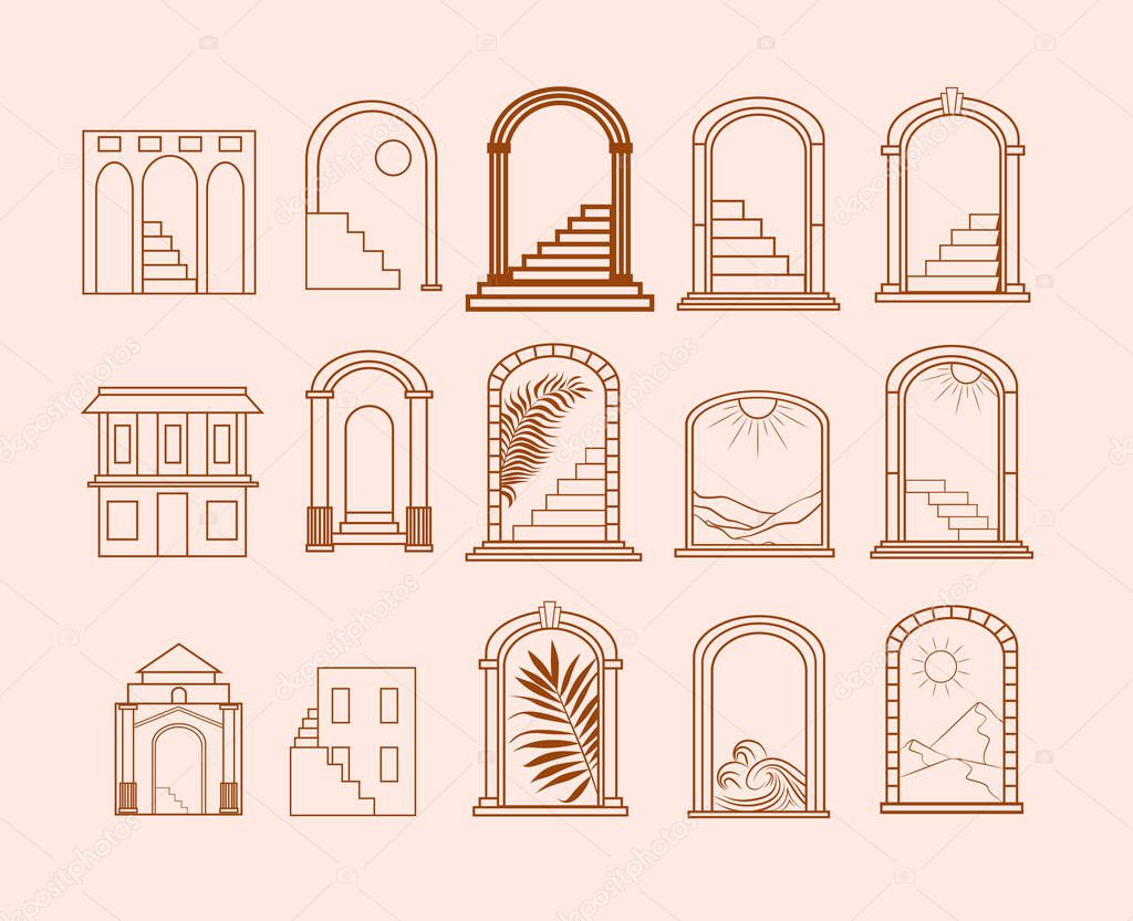 Collection of Summer Boho linear symbols, icons design. Arch, column, stairs, with landscape. Editable Vector Illustration.